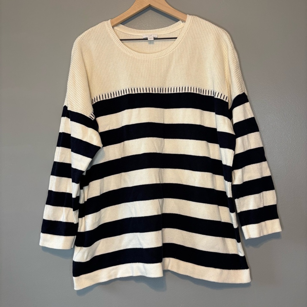 J Jill XL Knit Crew Neck Sweater White Navy Blue Stripe